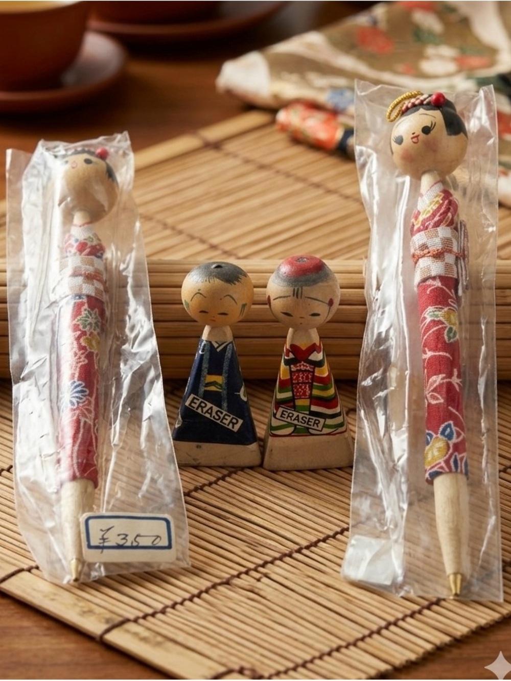 Vintage Kokeshi Doll Stationery Set - 2 Pens 2 Erasers MCM Travel Series